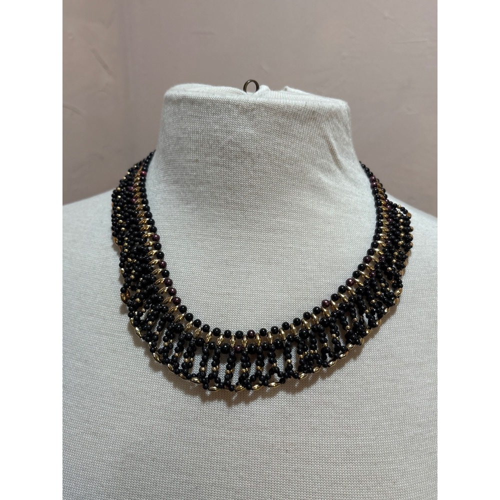 Gold Tone Purple and Blue Beaded Statement Collar Necklace Vintage Style 17 Inch